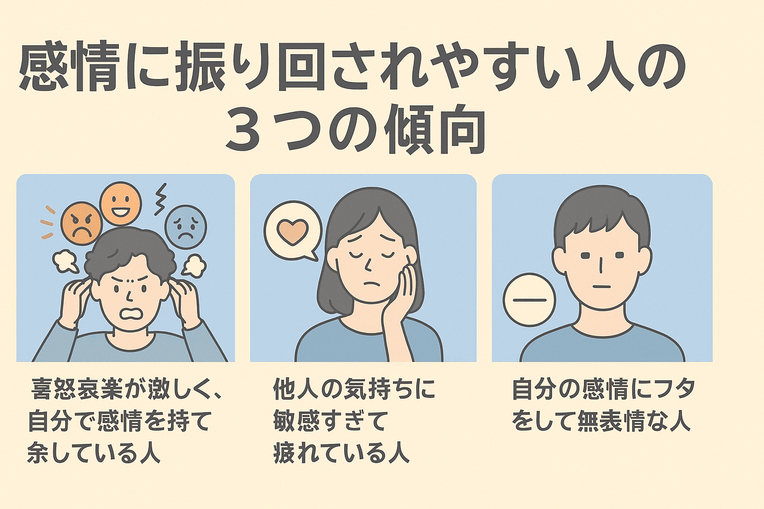 感情に振り回されやすい人の3つの傾向(感情が激しい、共感しすぎる、抑え込む)を図解したイラスト