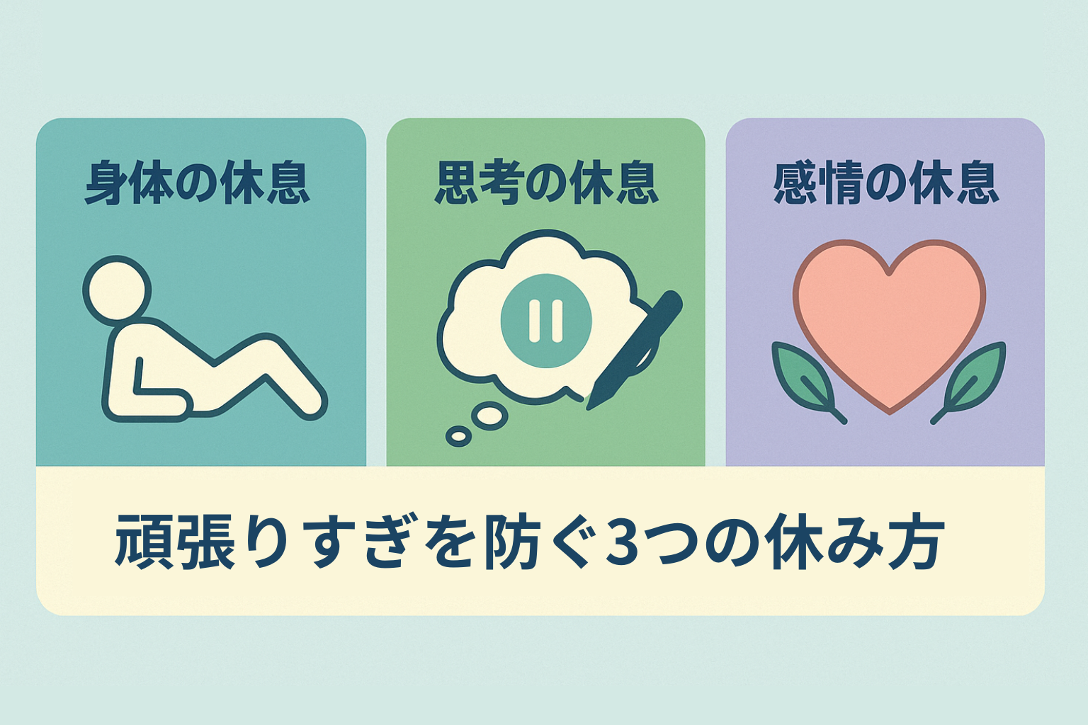 頑張りすぎを防ぐための3種類の休み方(身体の休息・思考の休息・感情の休息)を図解したイラスト