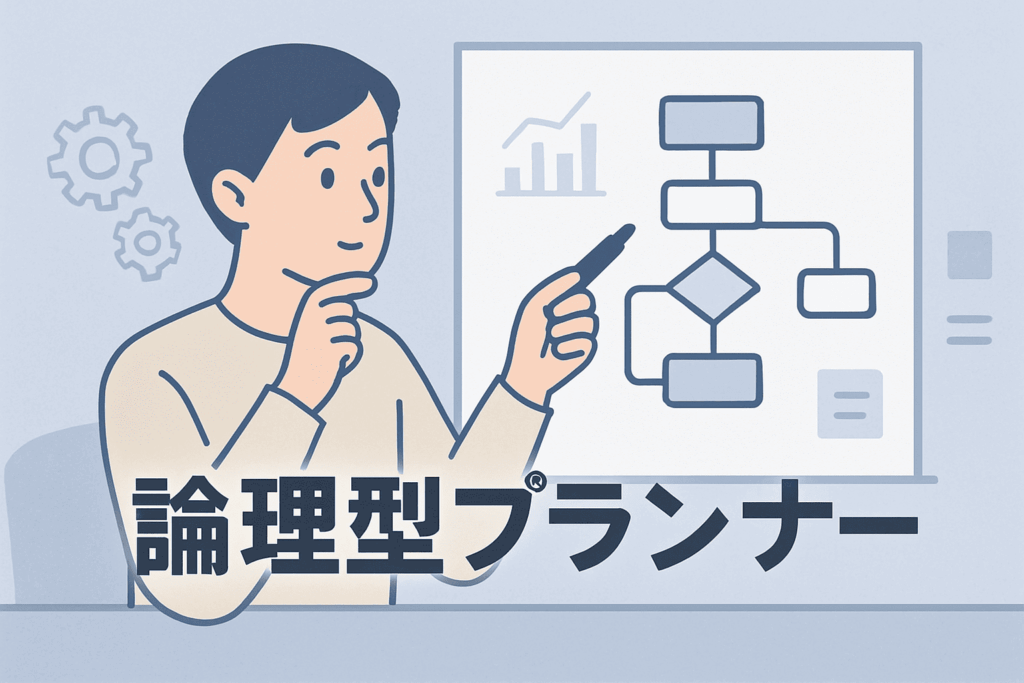 論理型プランナータイプの人物が、ホワイトボードで思考を整理している図解風イラスト