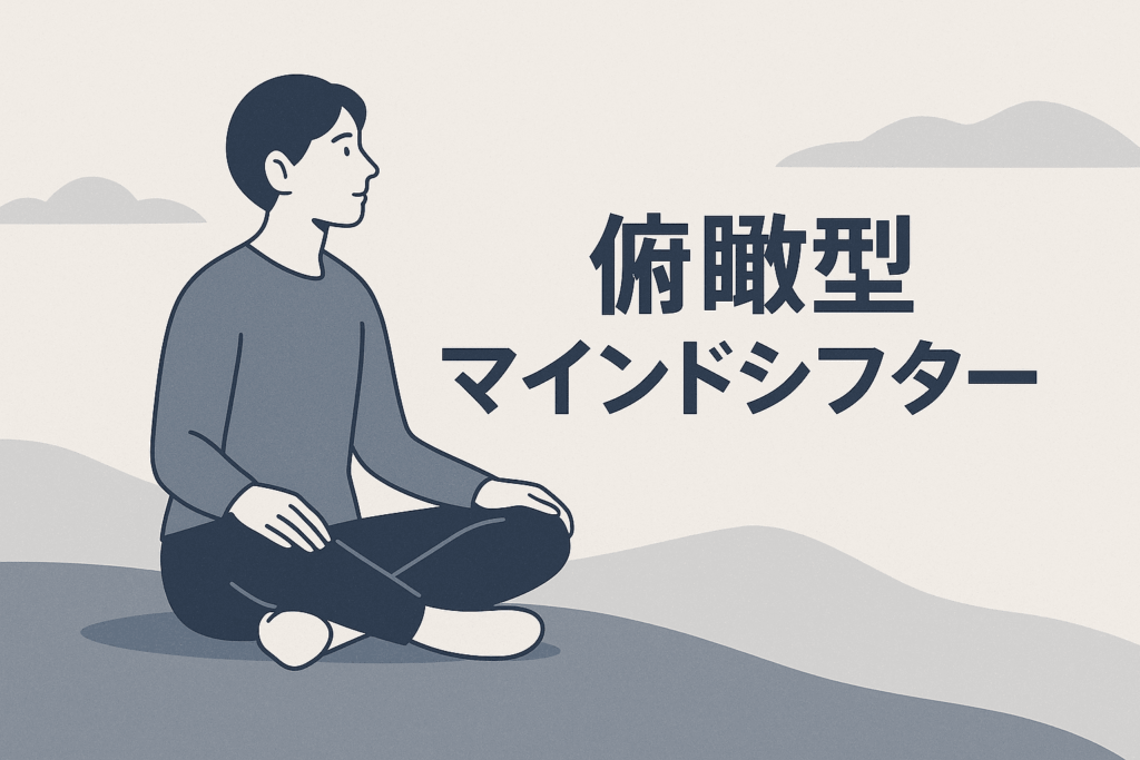 俯瞰型マインドシフタータイプの人物が、遠くを見渡すような姿勢で静かに思考している図解風イラスト
