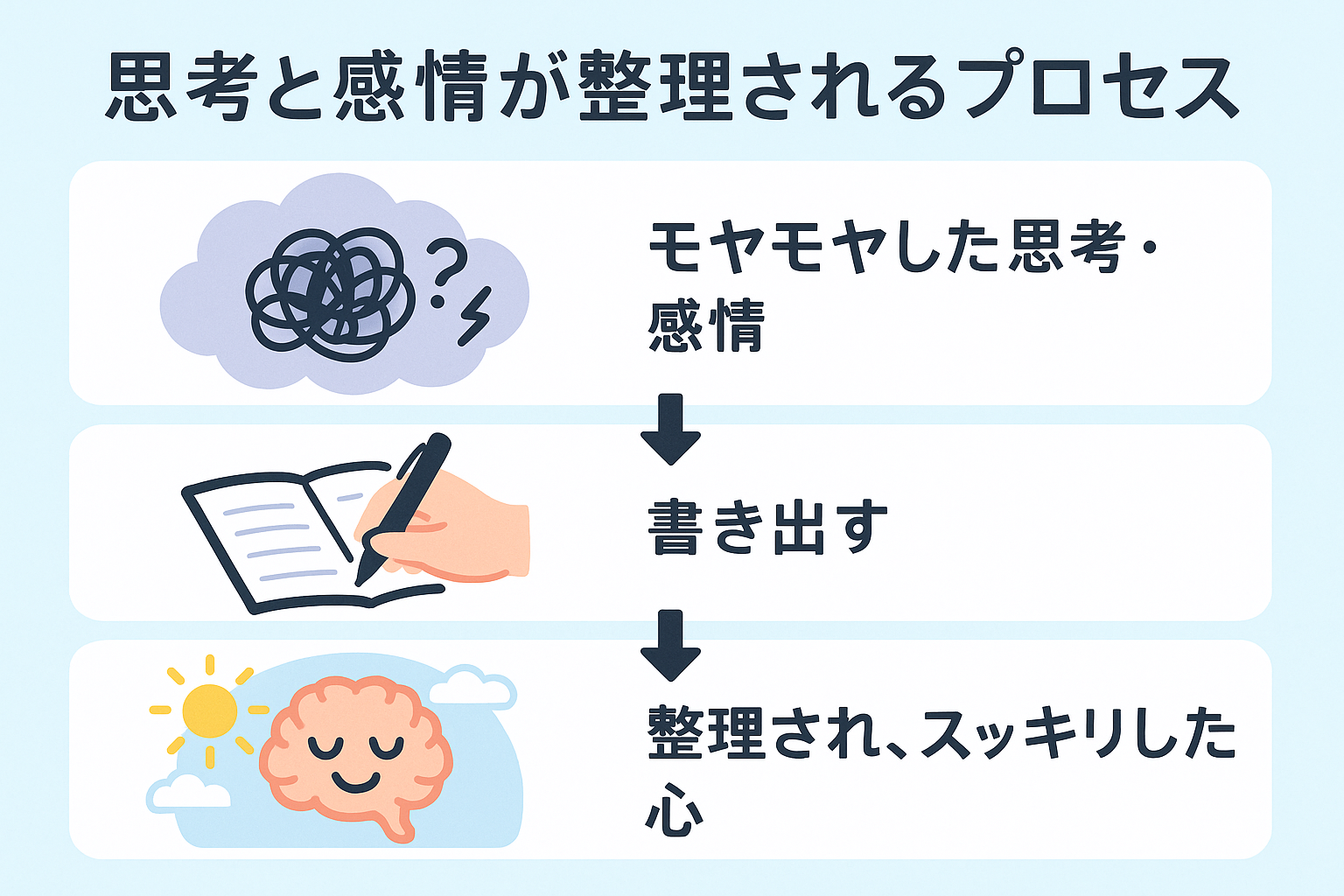 思考と感情が整理されるプロセスを示した図解