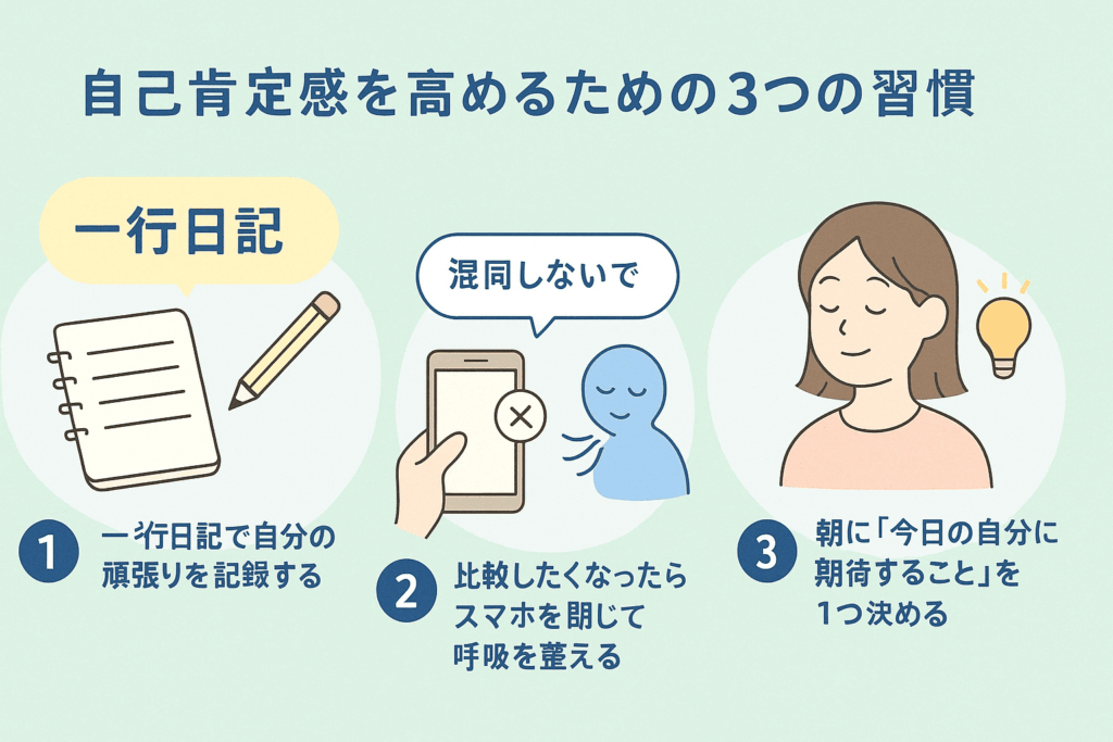 自己肯定感を高めるための3つの習慣(書く・距離をとる・期待を設定)を図解したもの