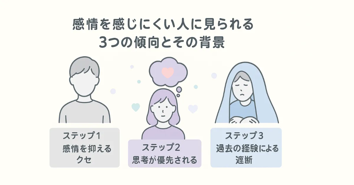 感情を感じにくい人に見られる3つの傾向を表す図（感情遮断・思考優位・過去の経験による防衛）