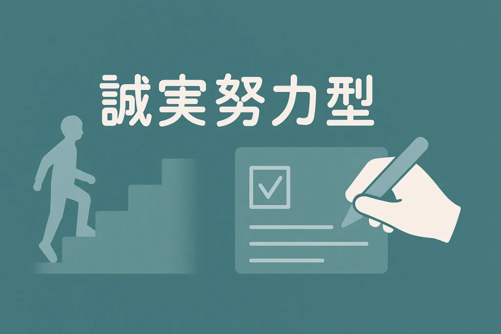 コツコツ努力する姿を表す青緑の背景と階段のイラスト（誠実努力型）