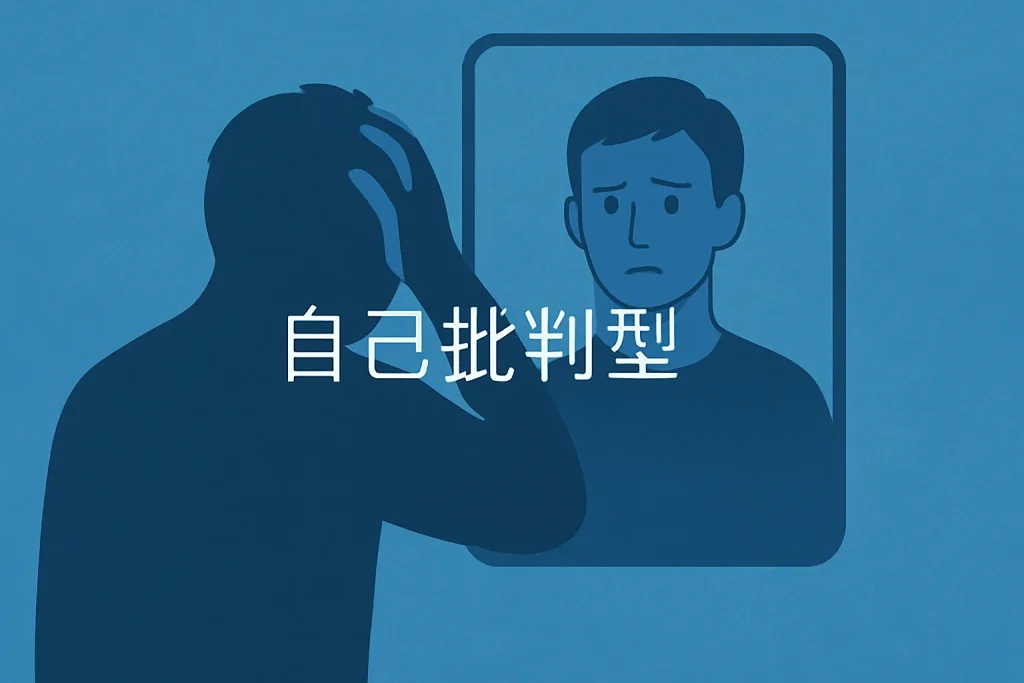 自分を責めがちな心理を表す鏡と人物のイラスト（自己批判型）